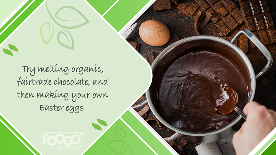 Melting organic fairtrade chocolate to make ethical Easter eggs