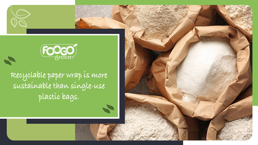 Recyclable paper bags containing flour, which help reduce plastic kitchen waste