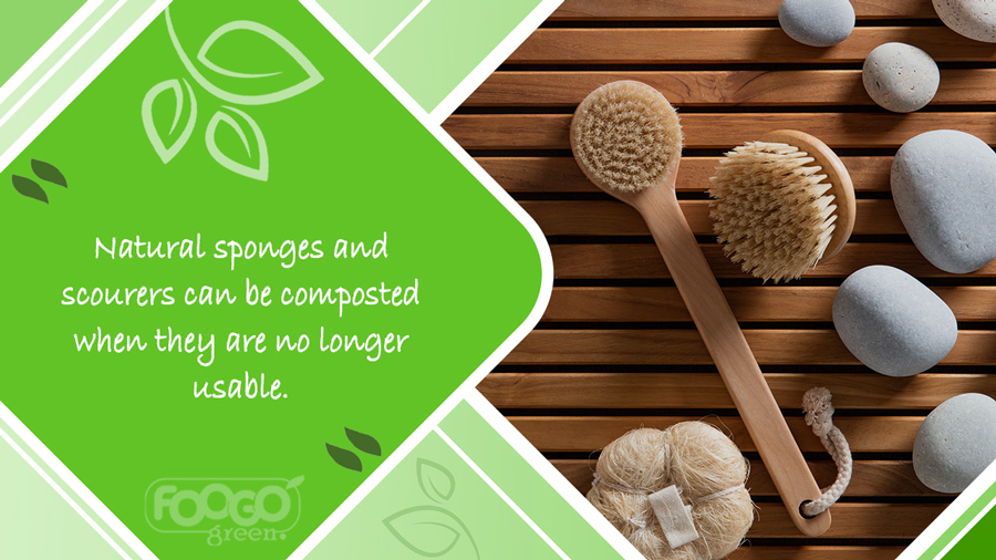 Natural sponges and scourers with compostable wooden handles