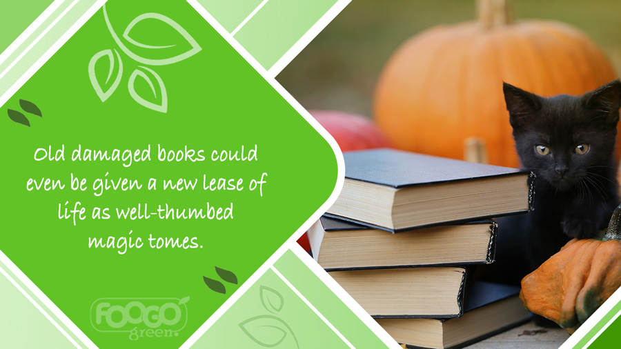 Old books repurposed as spell book decorations for Halloween