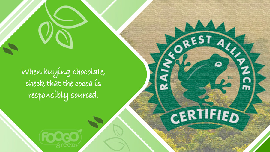 The Rainforest Alliance logo which serves as proof of sustainably harvested ingredients for chocolate