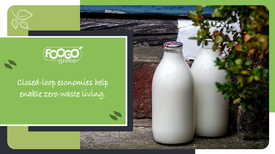 Milk bottles on doorstep, which are a feature of a typical closed-loop economy 