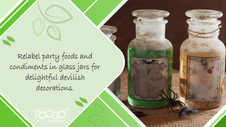 Relabelled glass mason jars containing mysterious Halloween party spell ingredients 